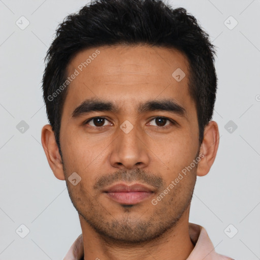 Neutral latino young-adult male with short  black hair and brown eyes