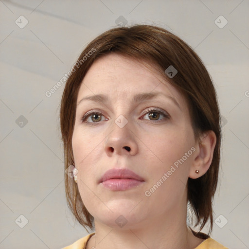 Neutral white young-adult female with medium  brown hair and brown eyes