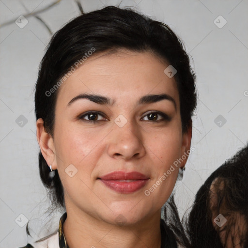 Joyful white young-adult female with medium  brown hair and brown eyes