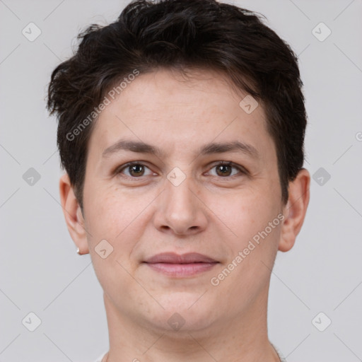 Joyful white young-adult female with short  brown hair and brown eyes