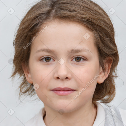 Joyful white child female with medium  brown hair and brown eyes