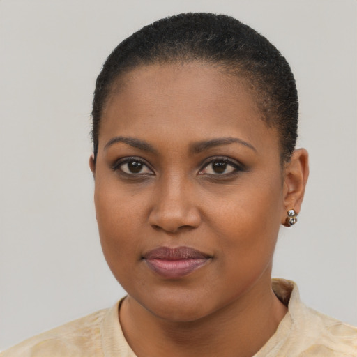 Joyful black young-adult female with short  brown hair and brown eyes