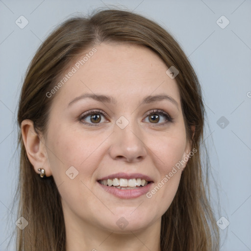 Joyful white young-adult female with long  brown hair and grey eyes