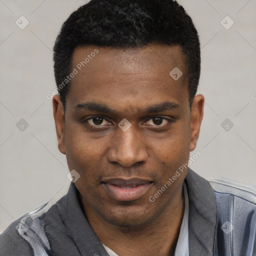 Neutral black young-adult male with short  black hair and brown eyes