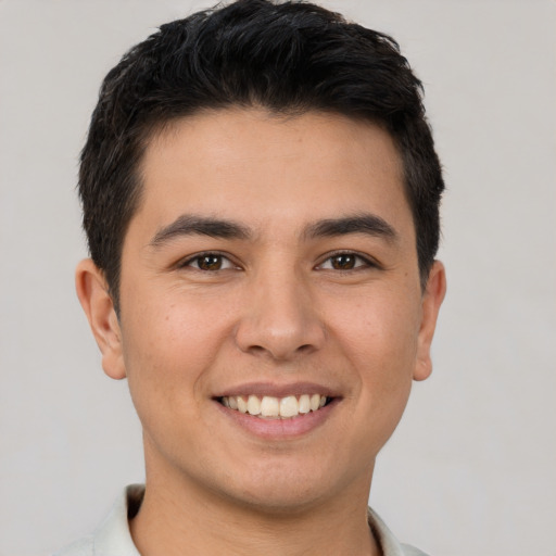 Joyful white young-adult male with short  black hair and brown eyes