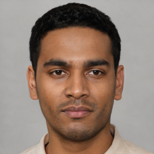 Neutral latino young-adult male with short  black hair and brown eyes