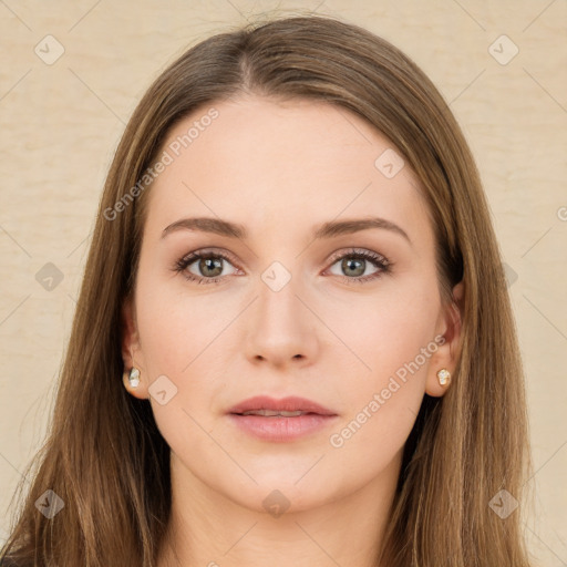 Neutral white young-adult female with long  brown hair and brown eyes