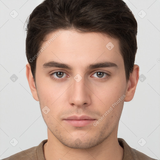 Neutral white young-adult male with short  brown hair and brown eyes