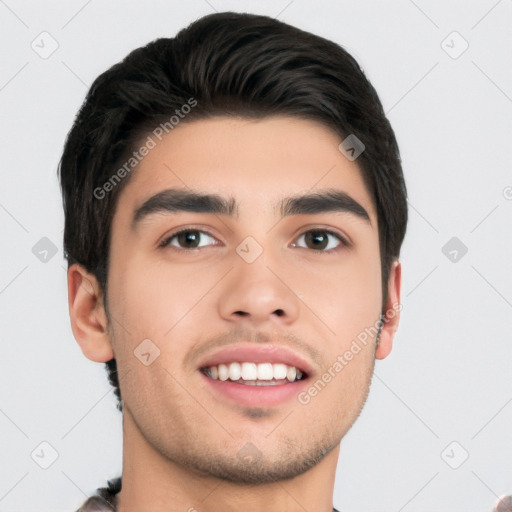 Joyful white young-adult male with short  black hair and brown eyes