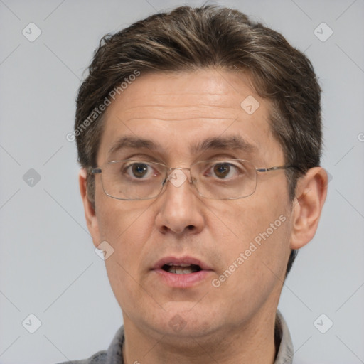 Neutral white adult male with short  brown hair and brown eyes