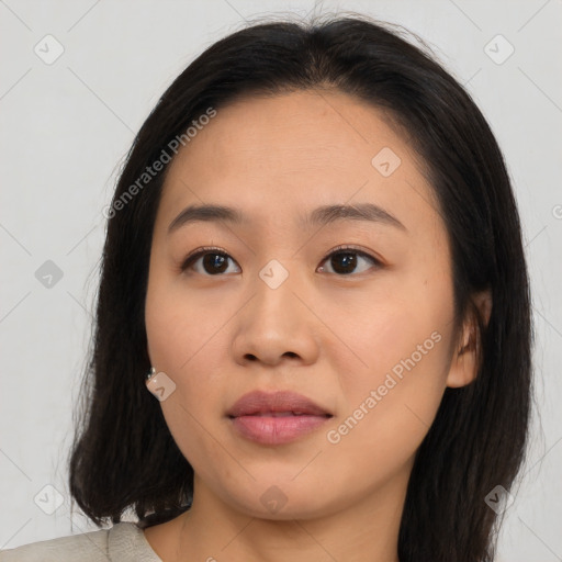 Neutral asian young-adult female with medium  brown hair and brown eyes