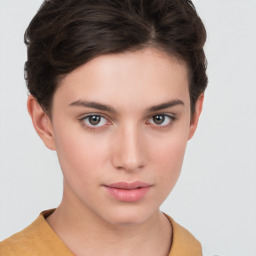 Neutral white young-adult female with short  brown hair and brown eyes