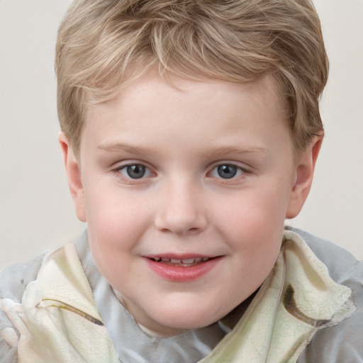 Joyful white child male with short  brown hair and blue eyes