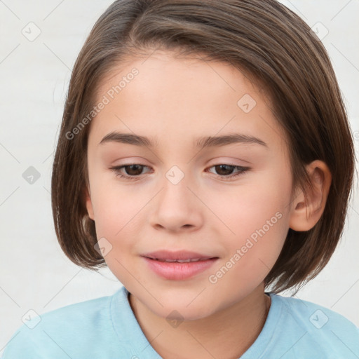 Joyful white child female with medium  brown hair and brown eyes