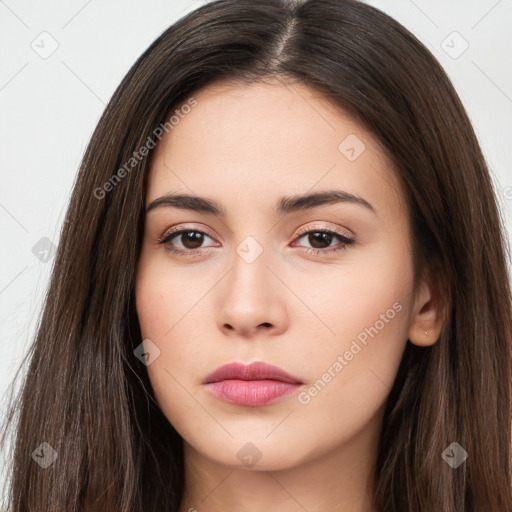 Neutral white young-adult female with long  brown hair and brown eyes