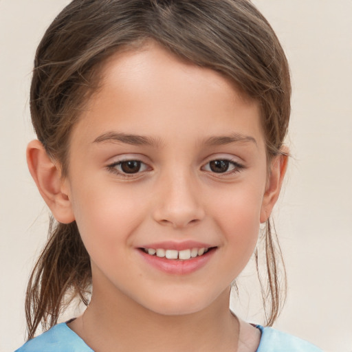 Joyful white child female with medium  brown hair and brown eyes