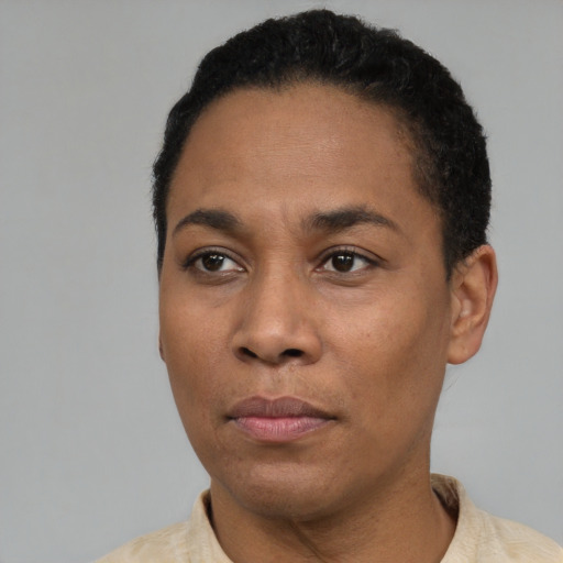 Neutral latino young-adult female with short  black hair and brown eyes