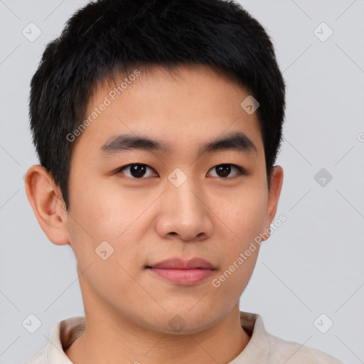 Neutral asian young-adult male with short  brown hair and brown eyes