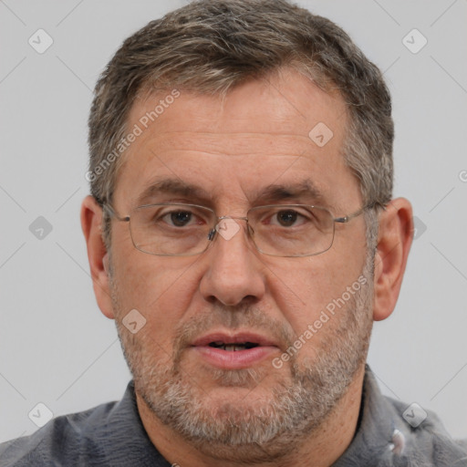 Neutral white middle-aged male with short  brown hair and brown eyes