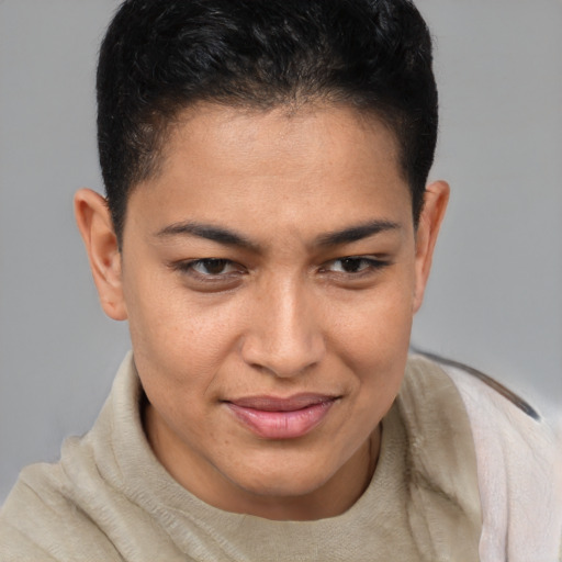 Joyful latino young-adult female with short  brown hair and brown eyes