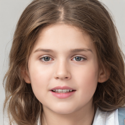 Joyful white child female with medium  brown hair and brown eyes