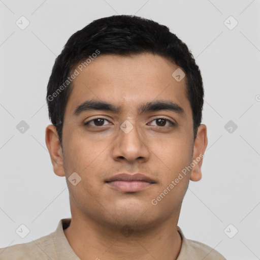 Neutral latino young-adult male with short  black hair and brown eyes