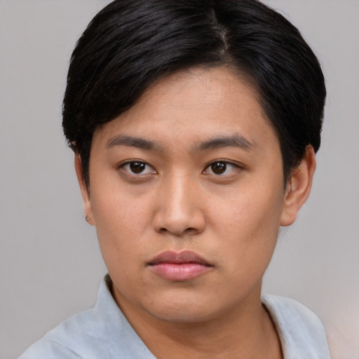 Neutral asian young-adult female with short  black hair and brown eyes