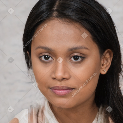 Joyful asian young-adult female with long  brown hair and brown eyes