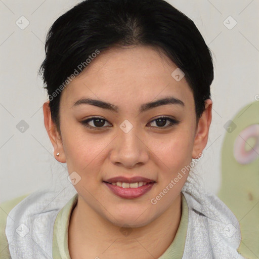 Joyful asian young-adult female with short  brown hair and brown eyes