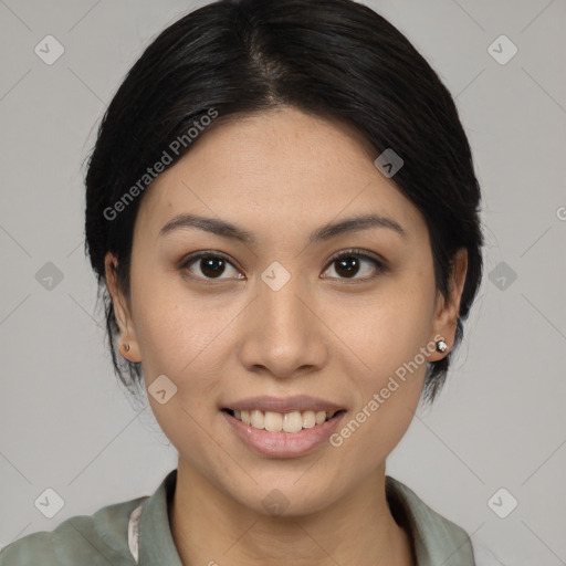 Joyful asian young-adult female with medium  brown hair and brown eyes