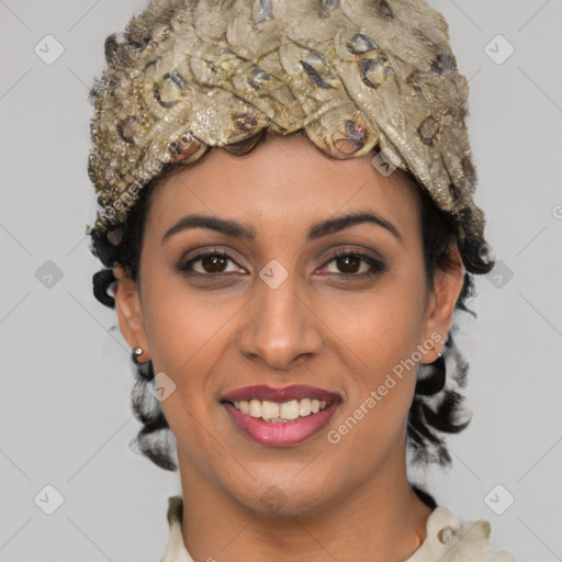 Joyful white young-adult female with short  black hair and brown eyes