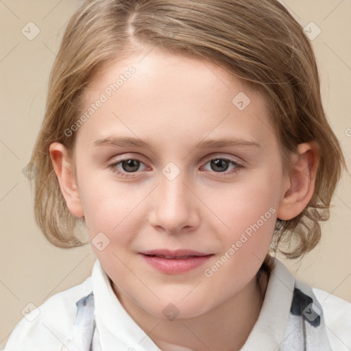 Joyful white child female with medium  brown hair and blue eyes