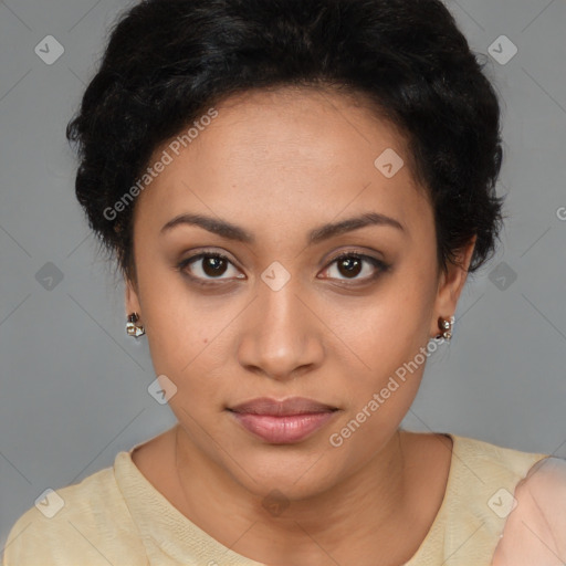 Joyful latino young-adult female with short  brown hair and brown eyes