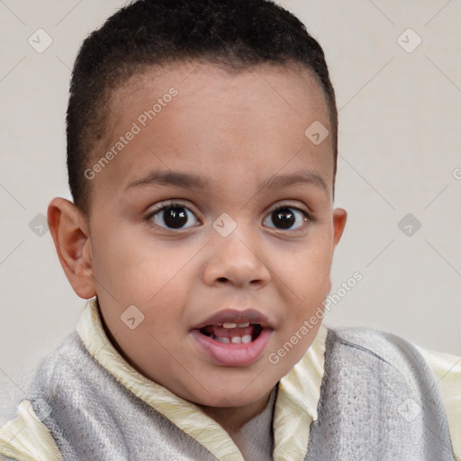 Joyful white child female with short  brown hair and brown eyes