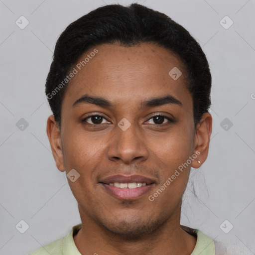 Joyful latino young-adult male with short  black hair and brown eyes