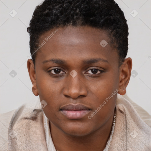 Neutral black young-adult female with short  brown hair and brown eyes