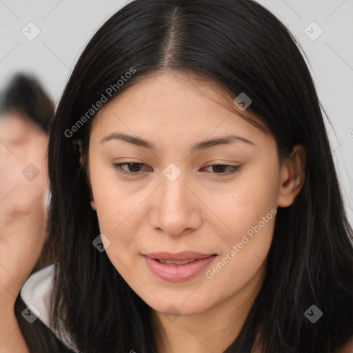 Joyful asian young-adult female with long  brown hair and brown eyes