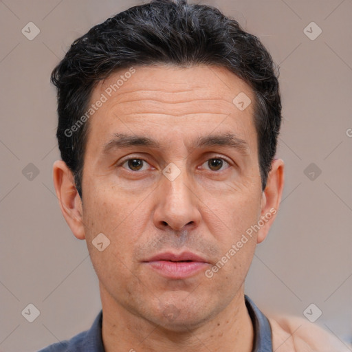 Neutral white adult male with short  brown hair and brown eyes