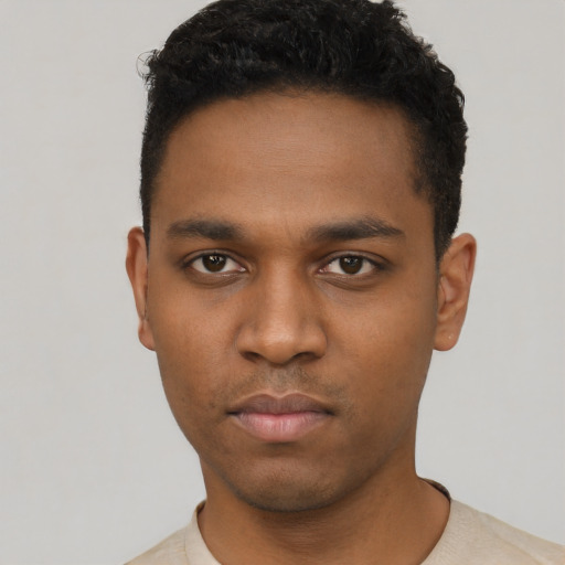 Neutral black young-adult male with short  black hair and brown eyes