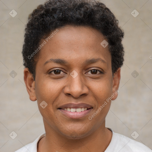 Joyful latino young-adult female with short  brown hair and brown eyes