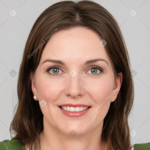 Joyful white young-adult female with medium  brown hair and green eyes