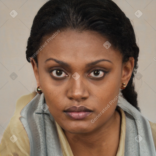 Neutral black young-adult female with short  brown hair and brown eyes