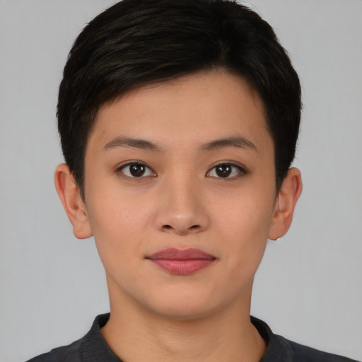 Joyful asian young-adult female with short  brown hair and brown eyes