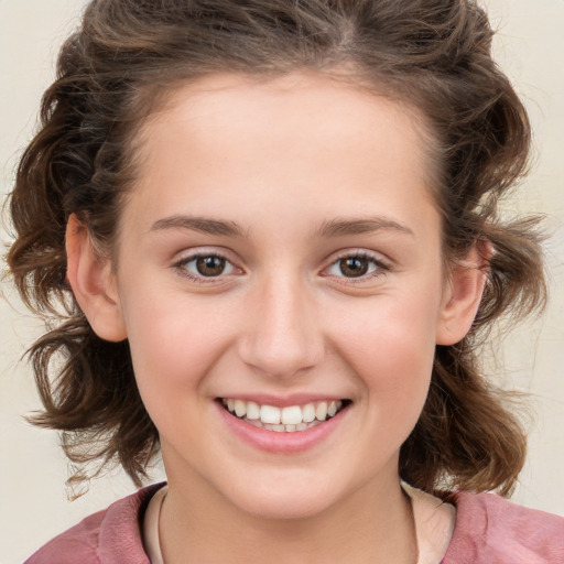 Joyful white child female with medium  brown hair and brown eyes