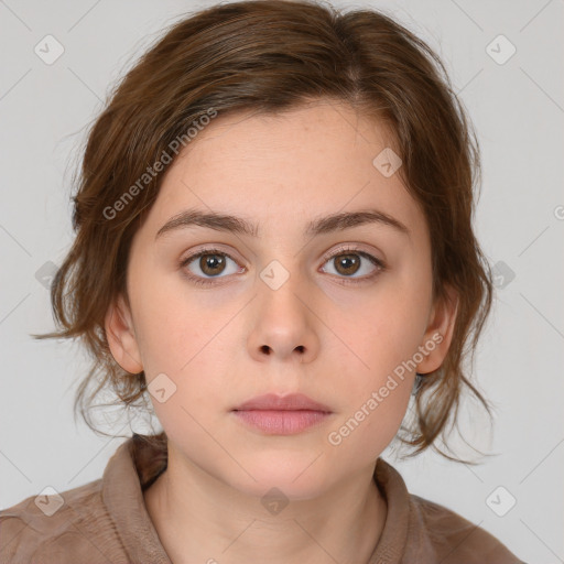 Neutral white young-adult female with medium  brown hair and brown eyes