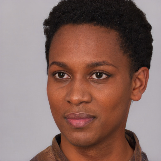 Neutral black young-adult female with short  black hair and brown eyes