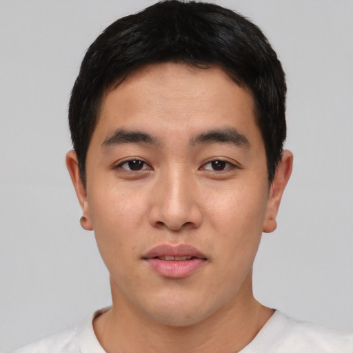 Neutral asian young-adult male with short  black hair and brown eyes