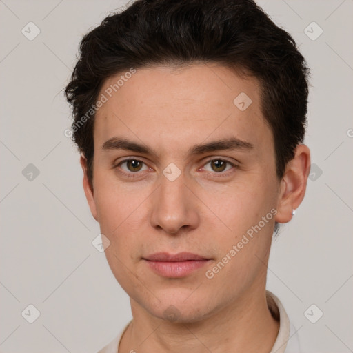 Neutral white young-adult male with short  brown hair and brown eyes