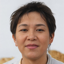 Joyful asian adult female with short  brown hair and brown eyes