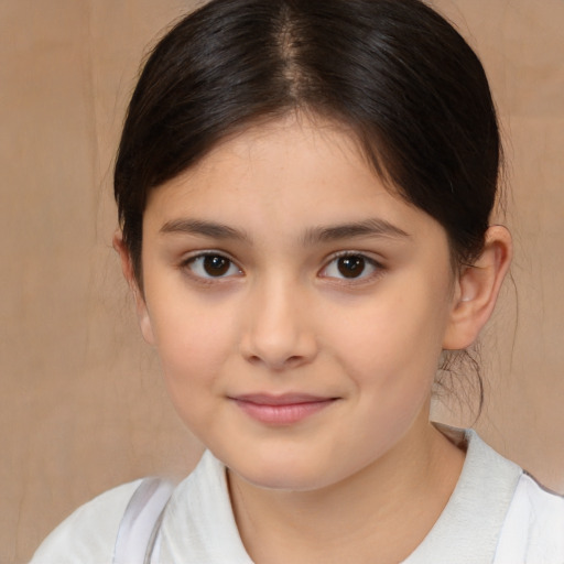 Joyful white child female with medium  brown hair and brown eyes